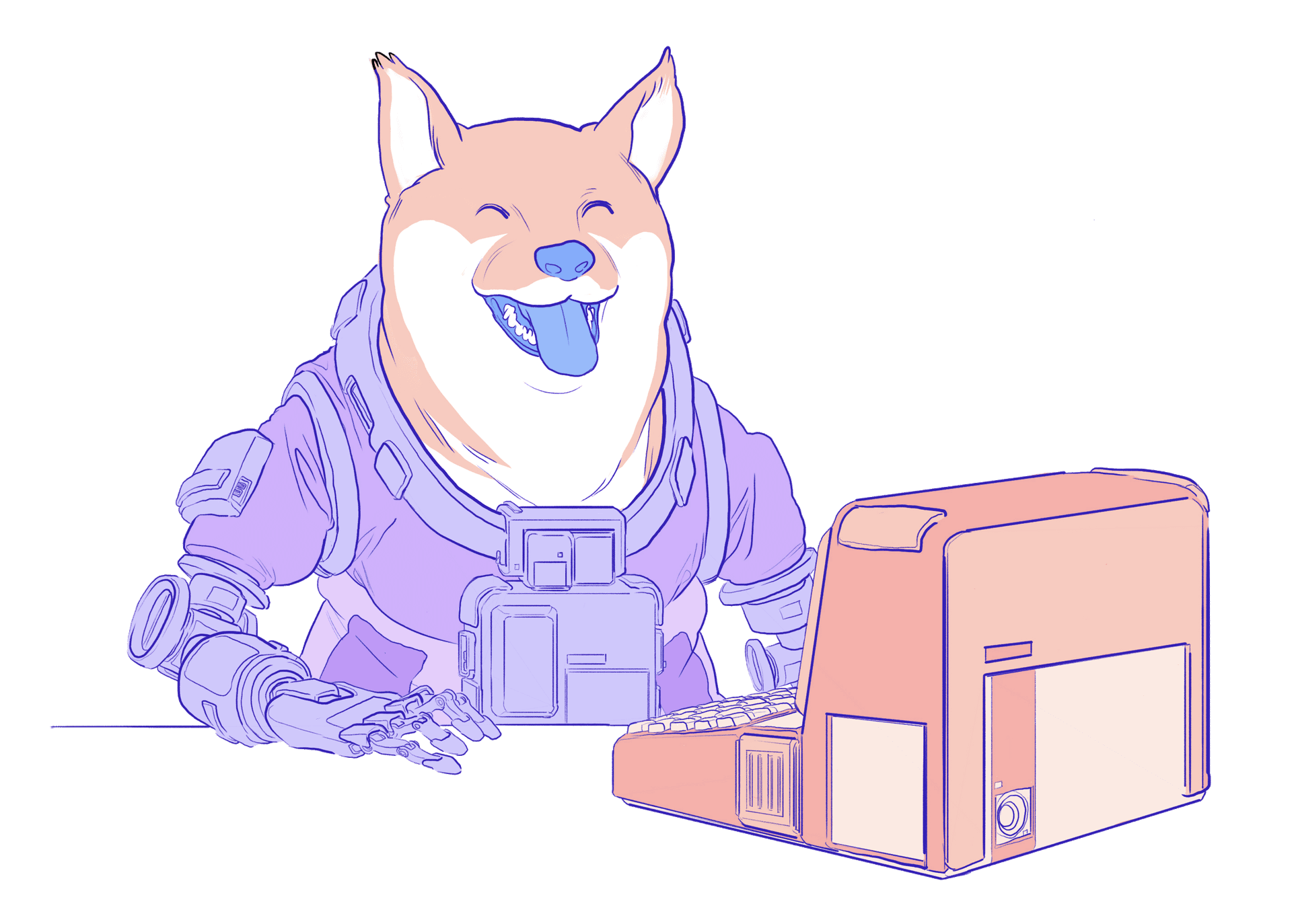 Ilustración de un doge usando un ordenador