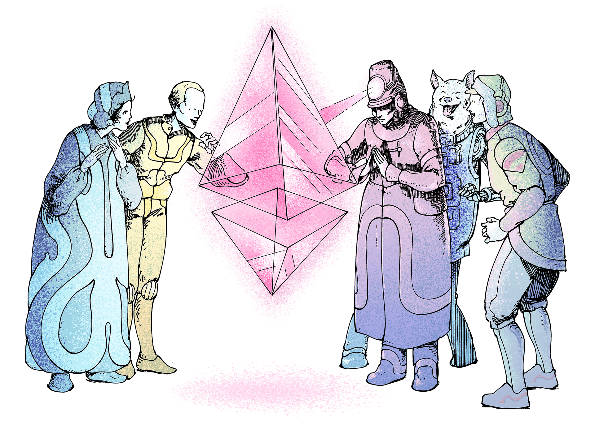 Ilustração de um grupo de pessoas maravilhadas com um ether (ETH)