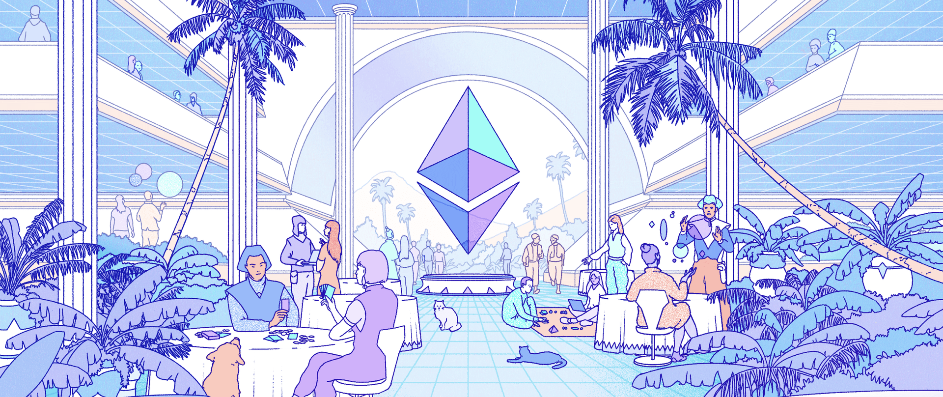 Ilustrace futuristického města, které představuje ekosystém platformy Ethereum.