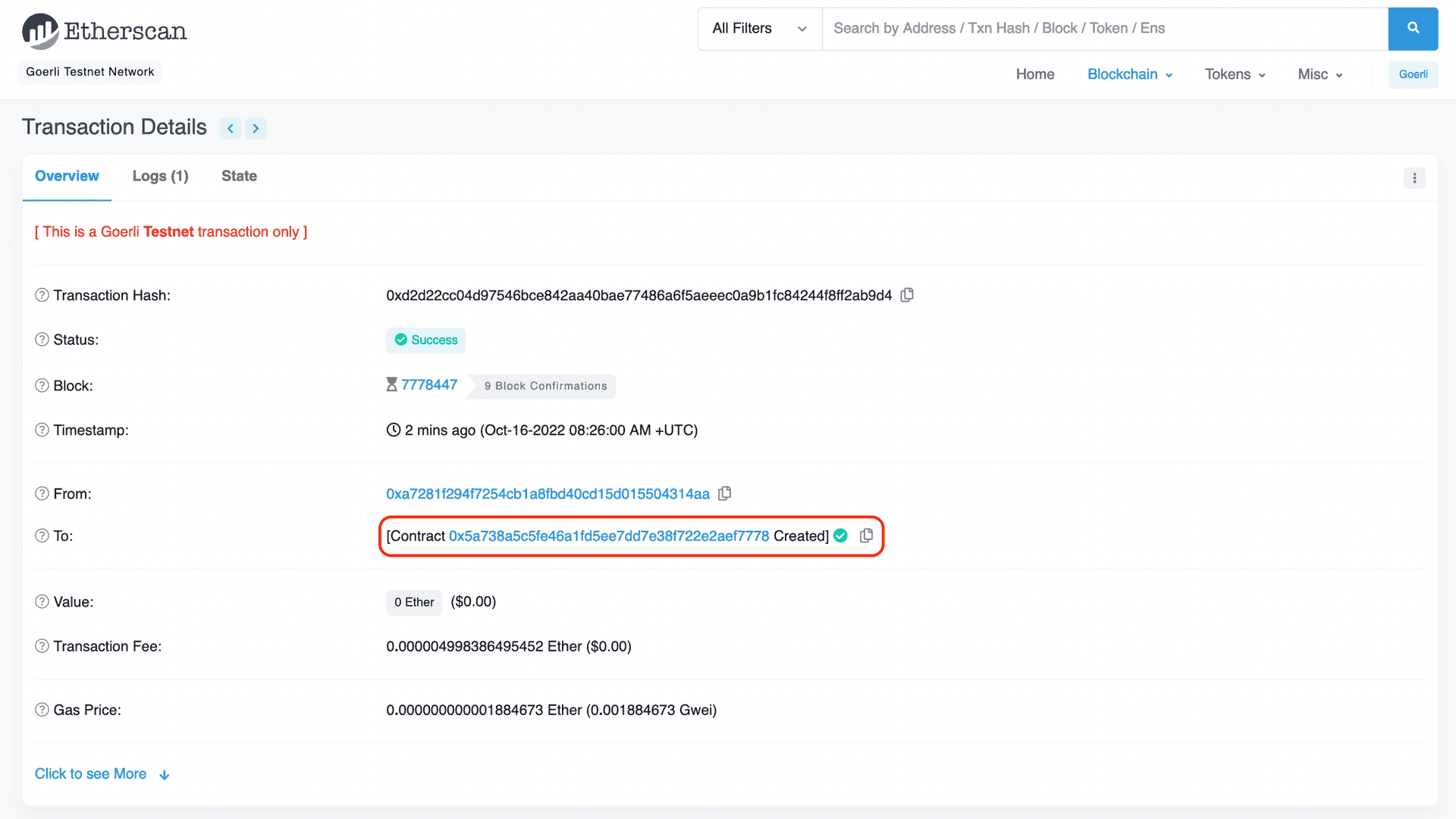 Vizualizarea adresei dvs. de contract pe Etherscan