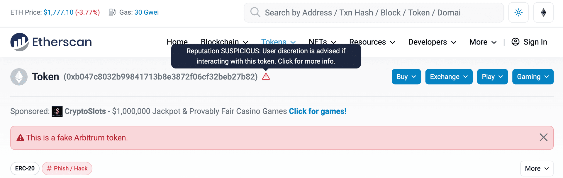 Hamis token az Etherscanben